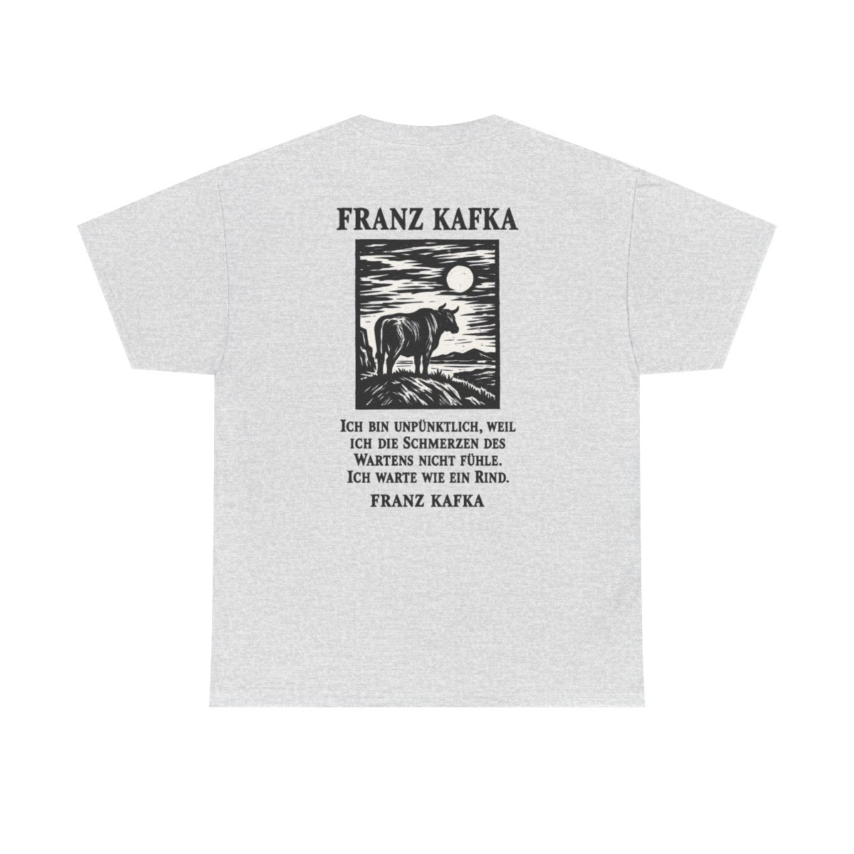 Unisex T-Shirt mit Zitat - Kafka - Ich bin unpünktlich (Druck hinten) – back