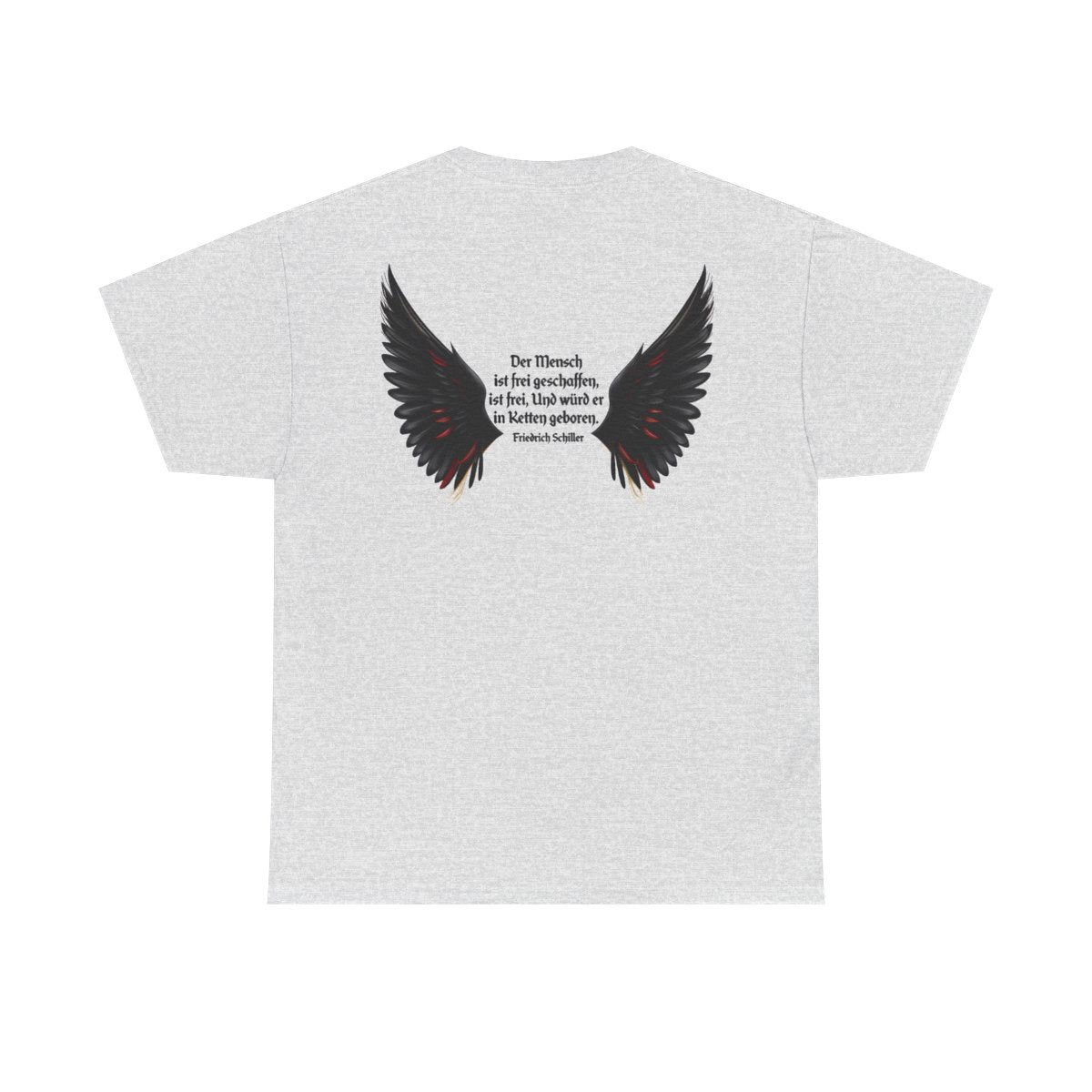Unisex T-Shirt mit Zitat - Schiller - Der Mensch ist frei (Druck hinten) – back