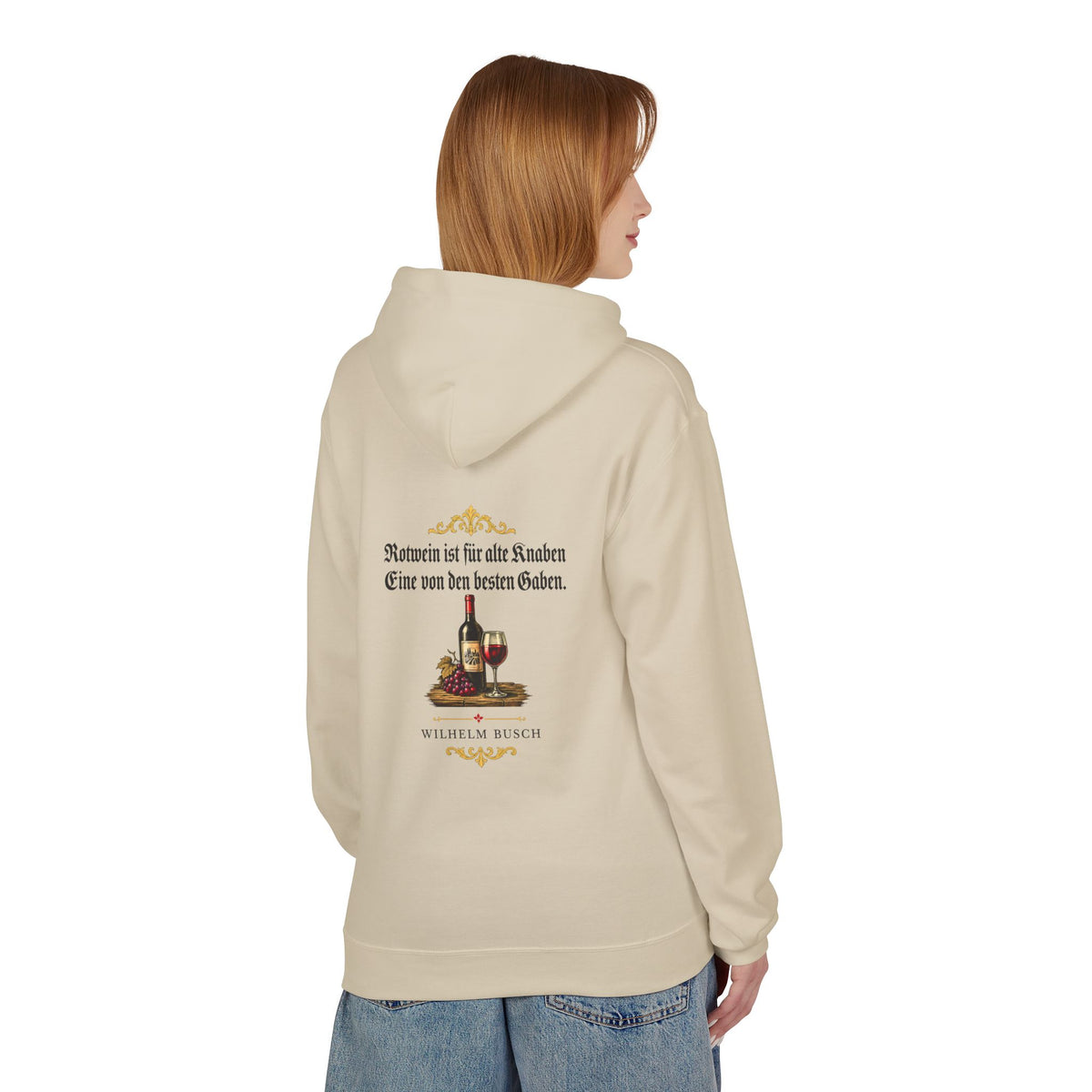 Unisex Fleece Hoodie mit Zitat - Busch - Rotwein für alte Knaben Fraktur