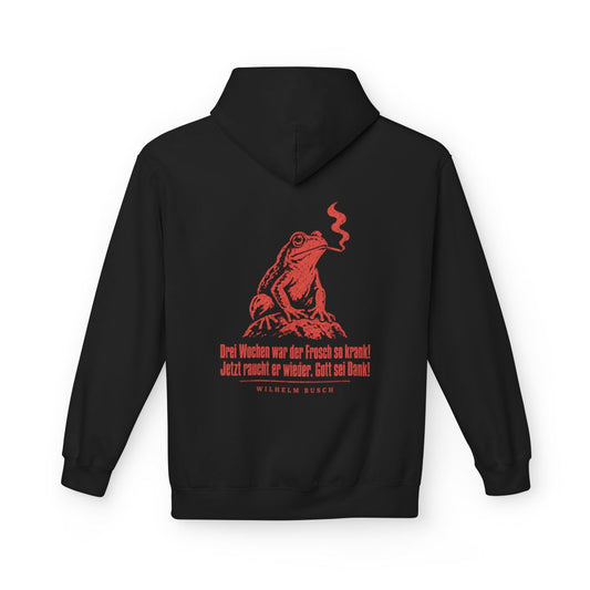 Unisex Fleece Hoodie mit Zitat - Busch - Drei Wochen war der Frosch so krank Vintage – back