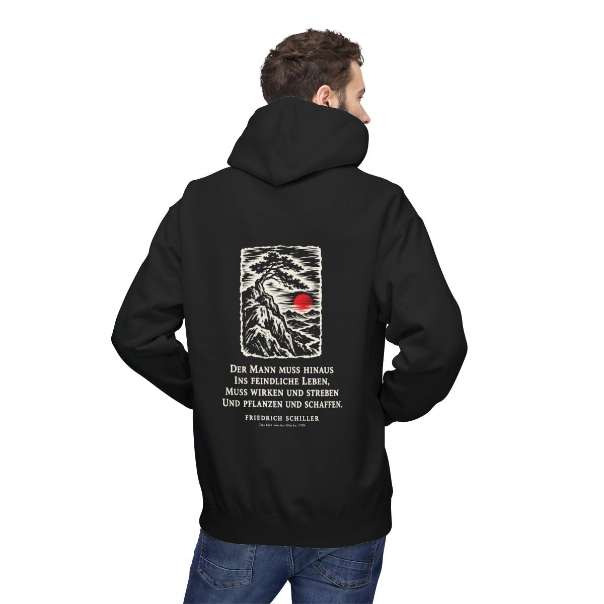 Unisex Fleece Hoodie mit Zitat - Schiller - Der Mann muss hinaus – person-2-back