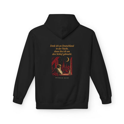 Unisex Fleece Hoodie mit Zitat - Heine - Denk ich an Deutschland Nachtfenster – back