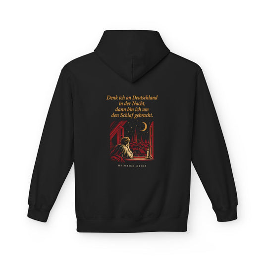 Unisex Fleece Hoodie mit Zitat - Heine - Denk ich an Deutschland Nachtfenster – back