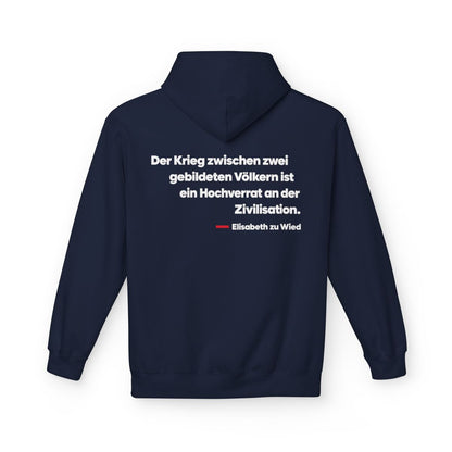 Unisex Fleece Hoodie mit Zitat - Wied - Der Krieg zwischen zwei gebildeten – back