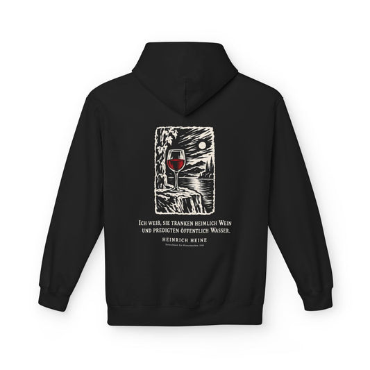 Unisex Fleece Hoodie mit Zitat - Heine - Ich weiß, sie tranken heimlich Wein Holzschnitt – back