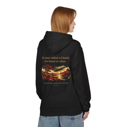 Unisex Fleece Hoodie mit Zitat - Goethe - Wer immer strebend sich bemüht – person-1-back