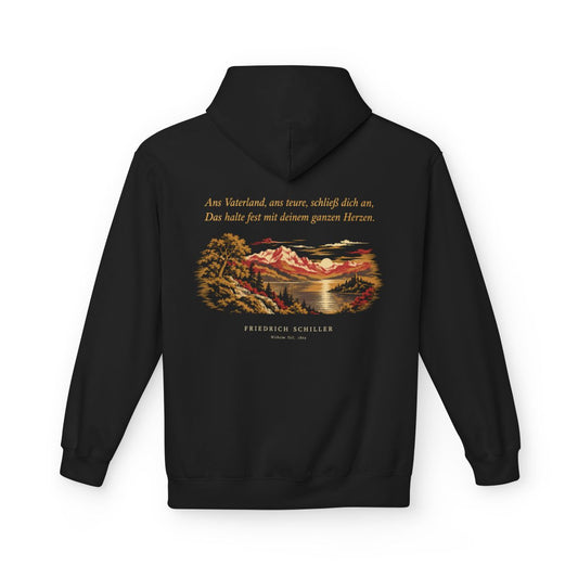 Unisex Fleece Hoodie mit Zitat - Schiller - Ans Vaterland, ans teure, schließ dich an Nachtstück – back