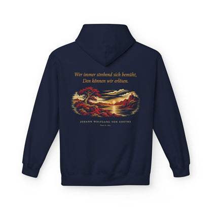 Unisex Fleece Hoodie mit Zitat - Goethe - Wer immer strebend sich bemüht – back