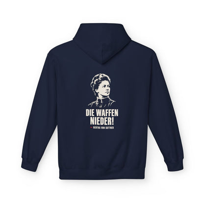 Unisex Fleece Hoodie mit Zitat - Bertha von Suttner - Die Waffen nieder – back