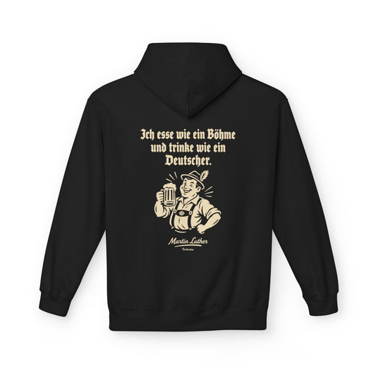 Unisex Fleece Hoodie mit Zitat - Luther - Ich esse wie ein Böhme – back