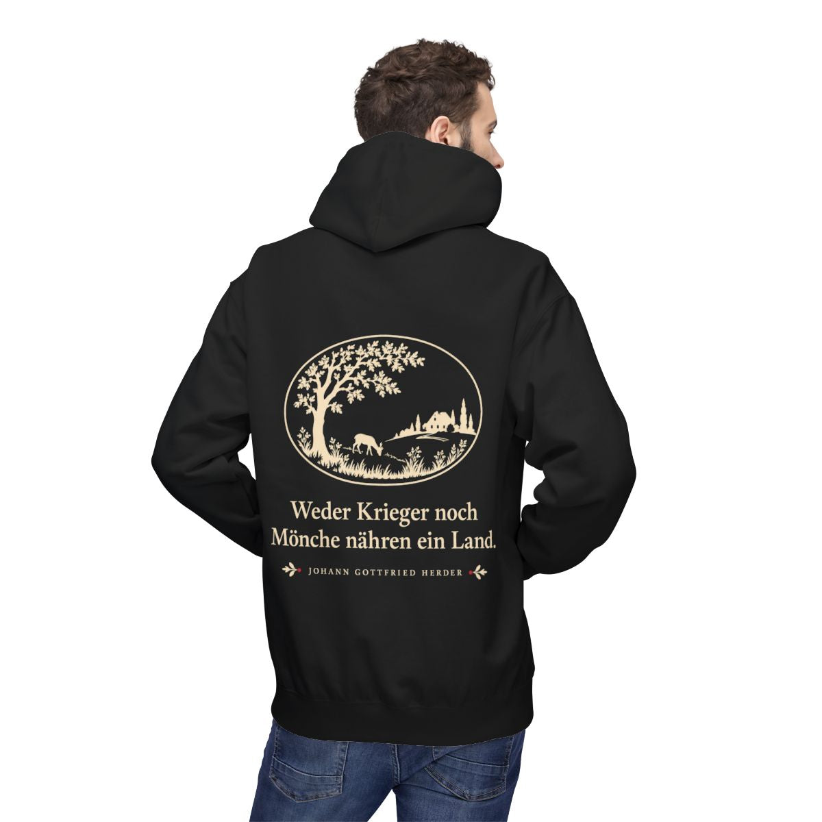 Unisex Fleece Hoodie mit Zitat - Herder - Weder Krieger noch Mönche nähren ein Land Scherenschnitt – person-2-back