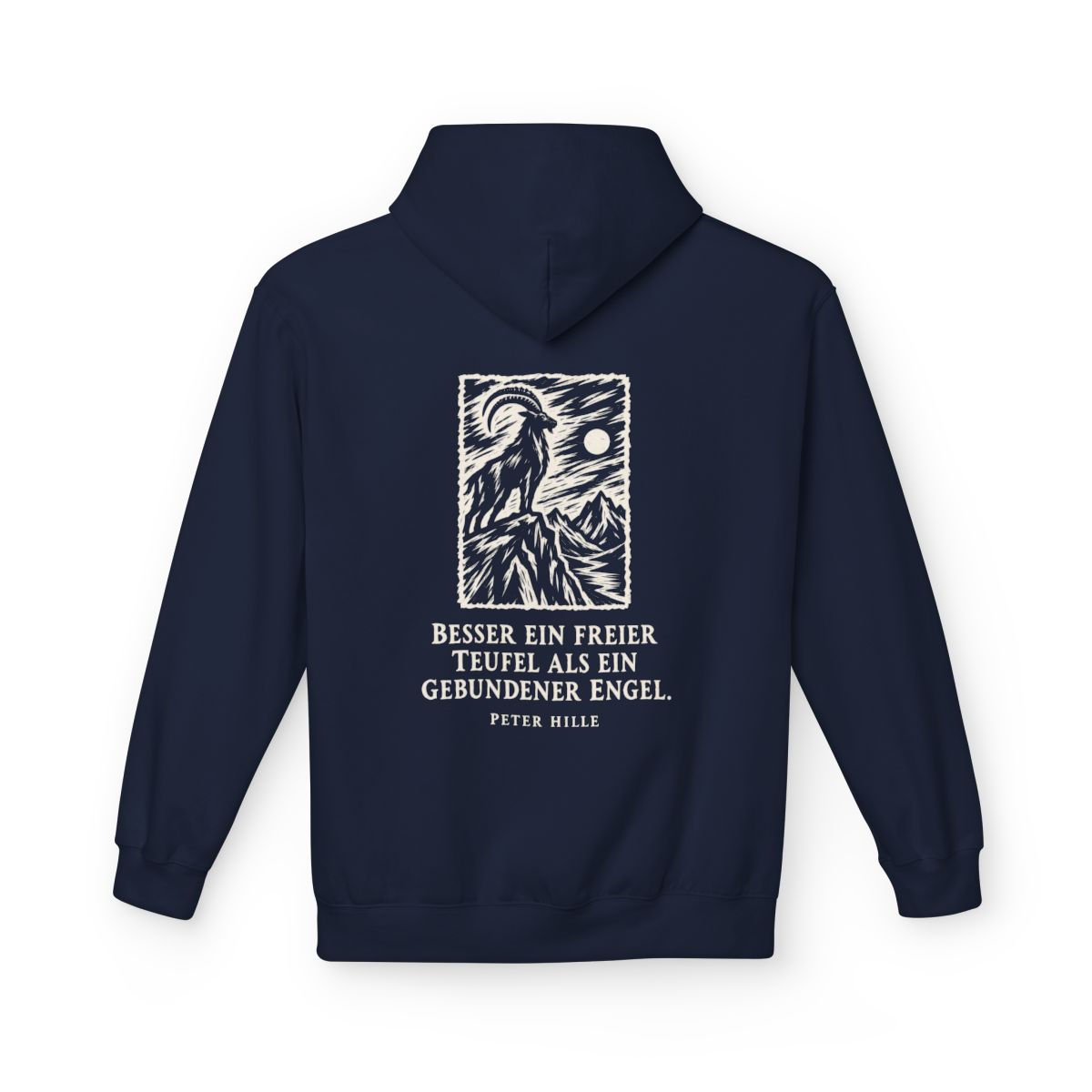 Unisex Fleece Hoodie mit Zitat - Hille - Besser ein freier Teufel Holzschnitt – back
