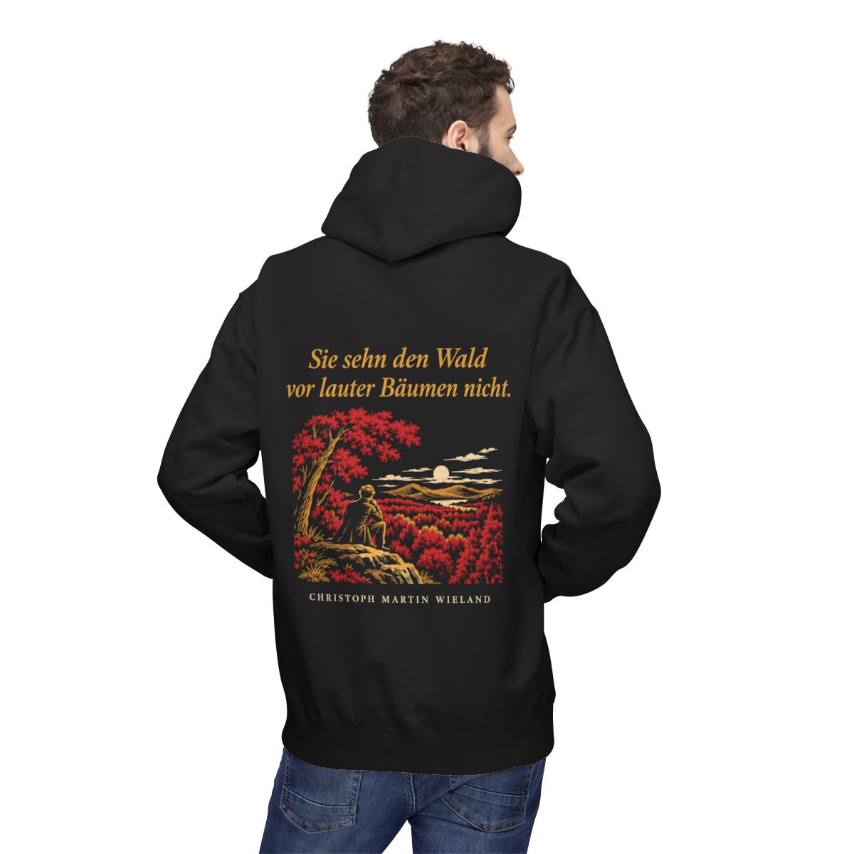 Unisex Fleece Hoodie mit Zitat - Wieland - Sie sehn den Wald vor Nachtstück – person-2-back