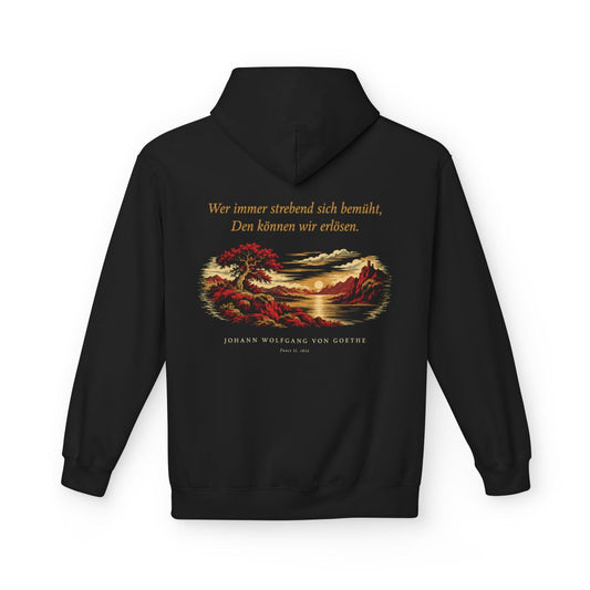 Unisex Fleece Hoodie mit Zitat - Goethe - Wer immer strebend sich bemüht – back