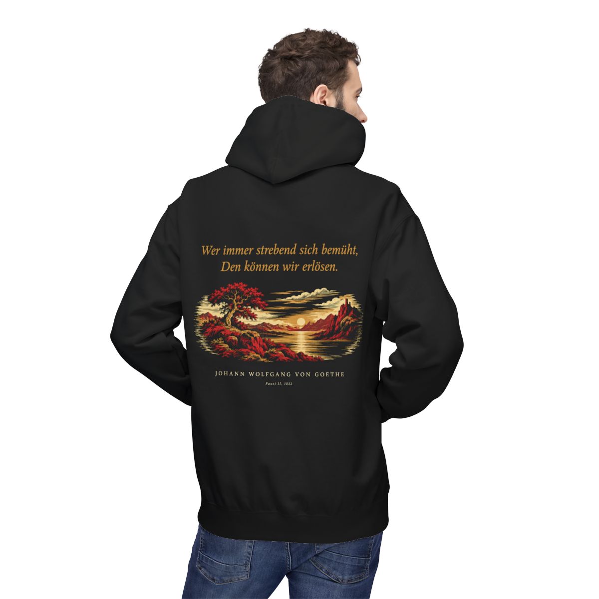 Unisex Fleece Hoodie mit Zitat - Goethe - Wer immer strebend sich bemüht – person-2-back