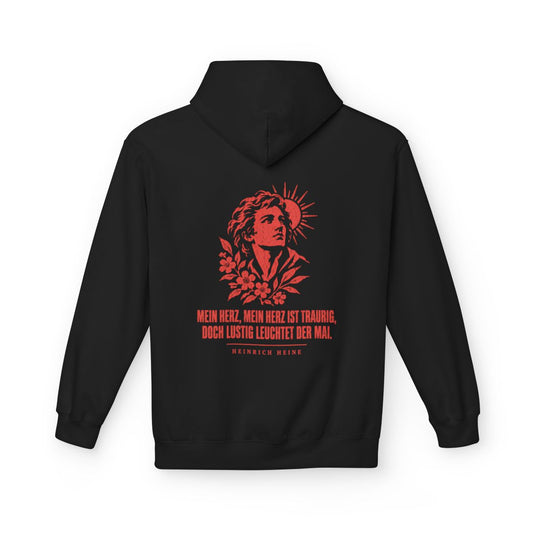 Unisex Fleece Hoodie mit Zitat - Heine - Mein Herz, mein Herz ist traurig – back