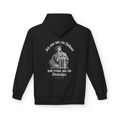 Unisex Fleece Hoodie mit Zitat - Luther - Ich esse wie ein Böhme Gravur – back