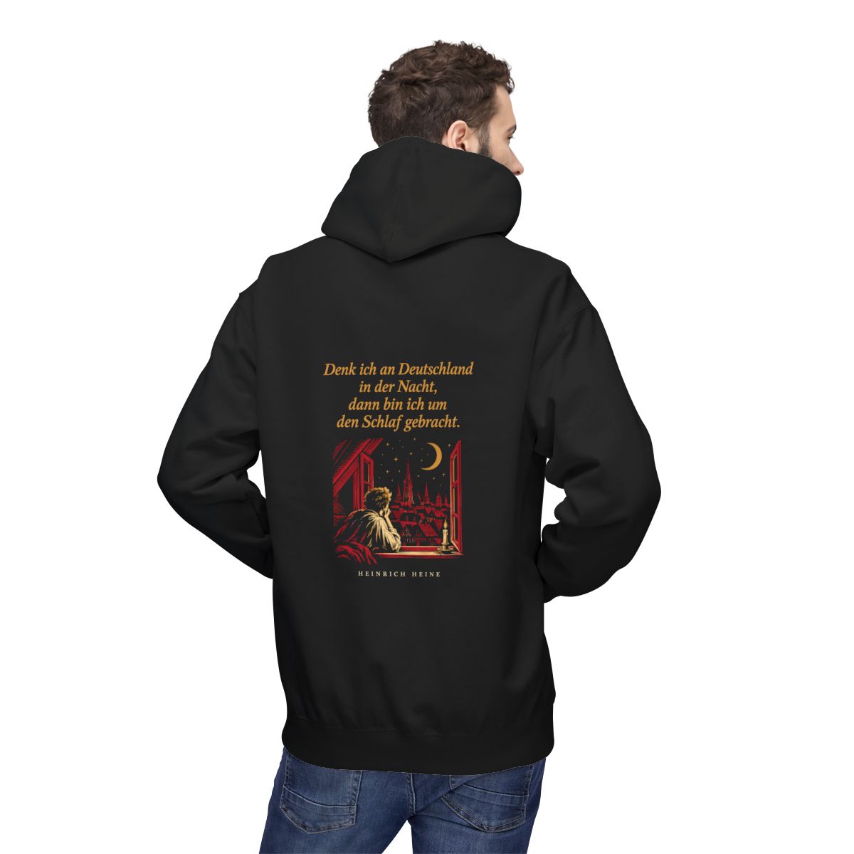 Unisex Fleece Hoodie mit Zitat - Heine - Denk ich an Deutschland Nachtfenster – person-2-back