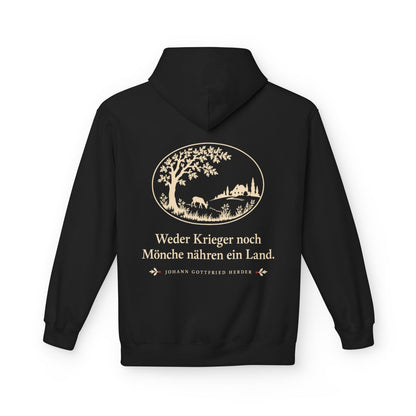 Unisex Fleece Hoodie mit Zitat - Herder - Weder Krieger noch Mönche nähren ein Land Scherenschnitt – back