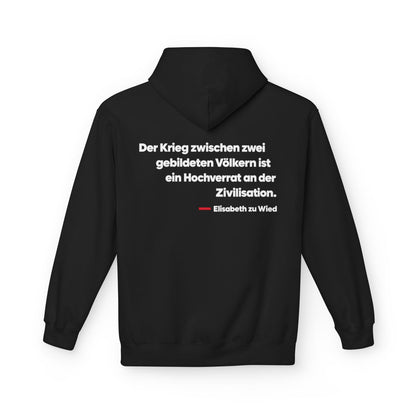 Unisex Fleece Hoodie mit Zitat - Wied - Der Krieg zwischen zwei gebildeten – back