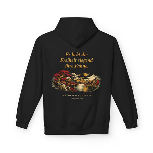 Unisex Fleece Hoodie mit Zitat - Schiller - Es hebt die Freiheit siegend ihre Fahne Nachtstück – back