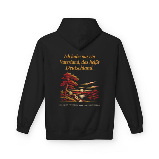 Unisex Fleece Hoodie mit Zitat - Stein - Ich habe nur ein Vaterland Nachtstück – back