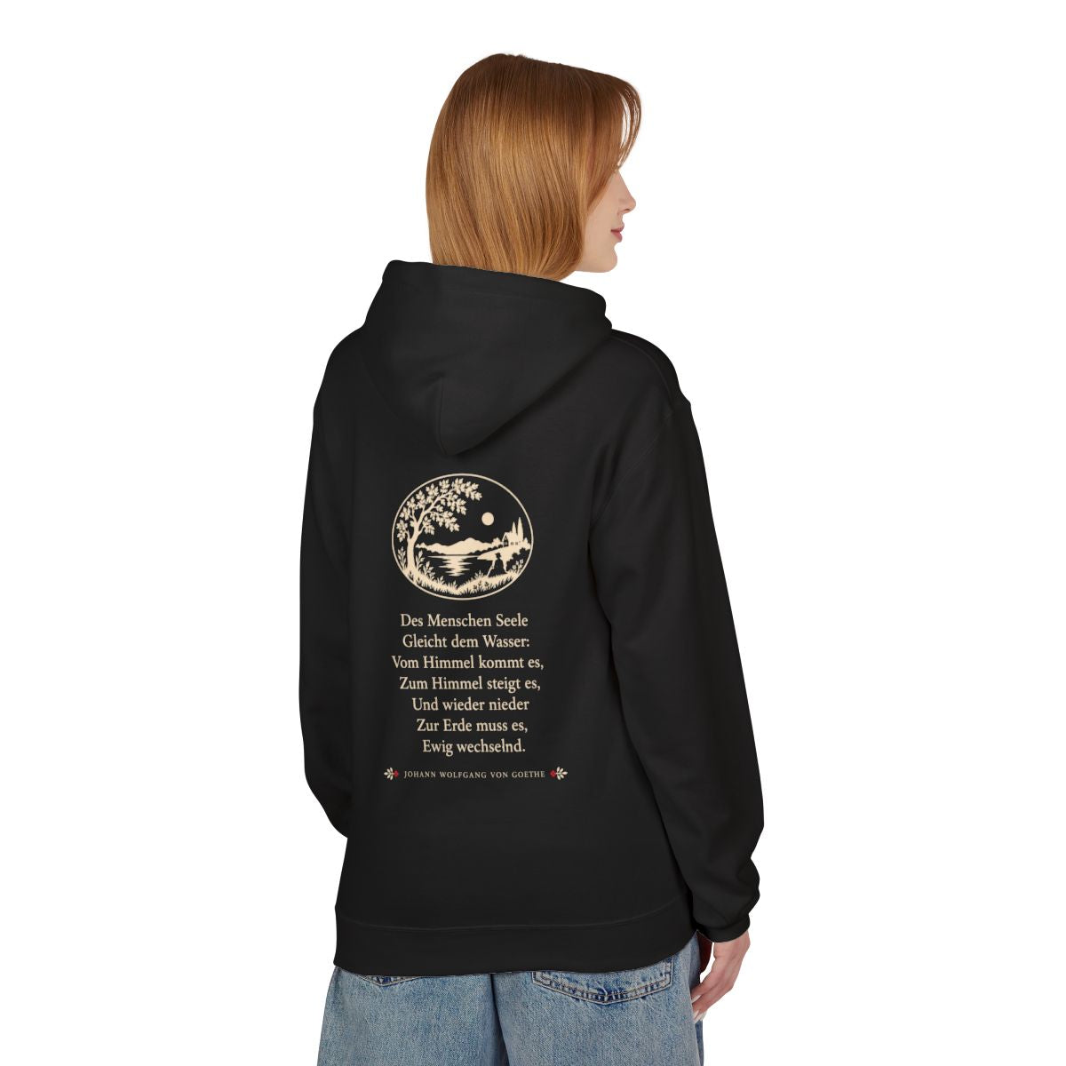 Unisex Fleece Hoodie mit Zitat - Goethe - Des Menschen Seele Scherenschnitt – person-1-back