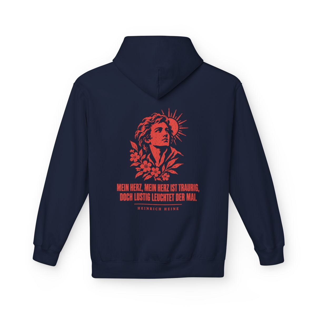 Unisex Fleece Hoodie mit Zitat - Heine - Mein Herz, mein Herz ist traurig – back