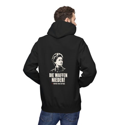 Unisex Fleece Hoodie mit Zitat - Bertha von Suttner - Die Waffen nieder – person-2-back
