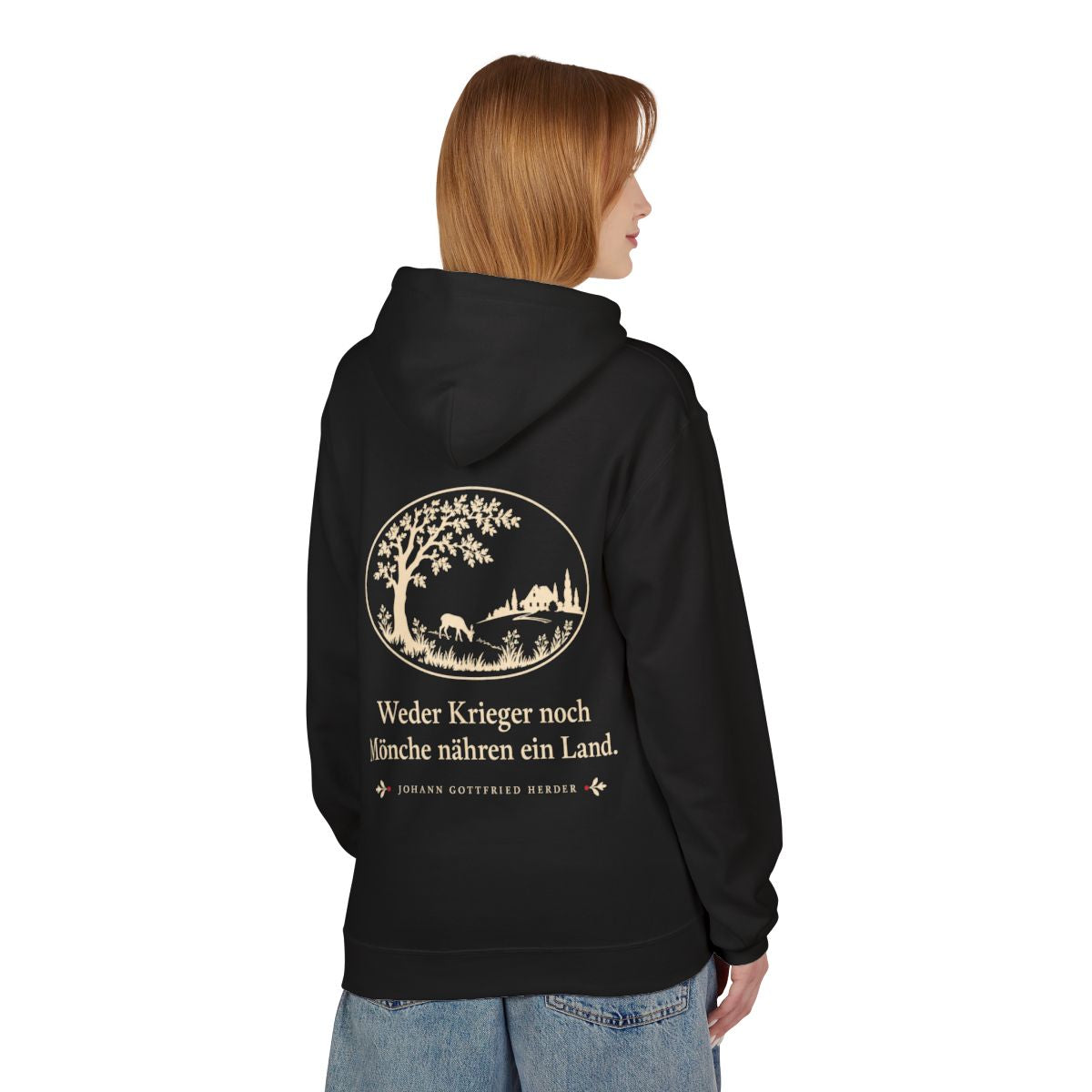 Unisex Fleece Hoodie mit Zitat - Herder - Weder Krieger noch Mönche nähren ein Land Scherenschnitt – person-1-back