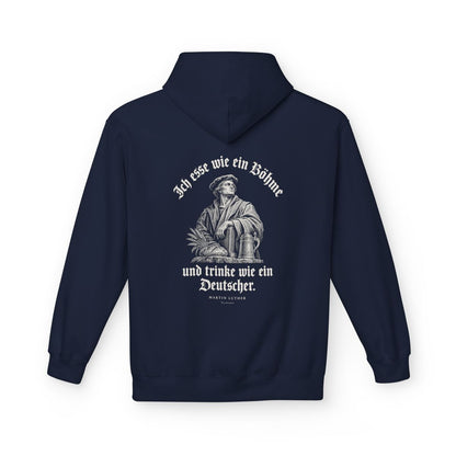 Unisex Fleece Hoodie mit Zitat - Luther - Ich esse wie ein Böhme Gravur – back