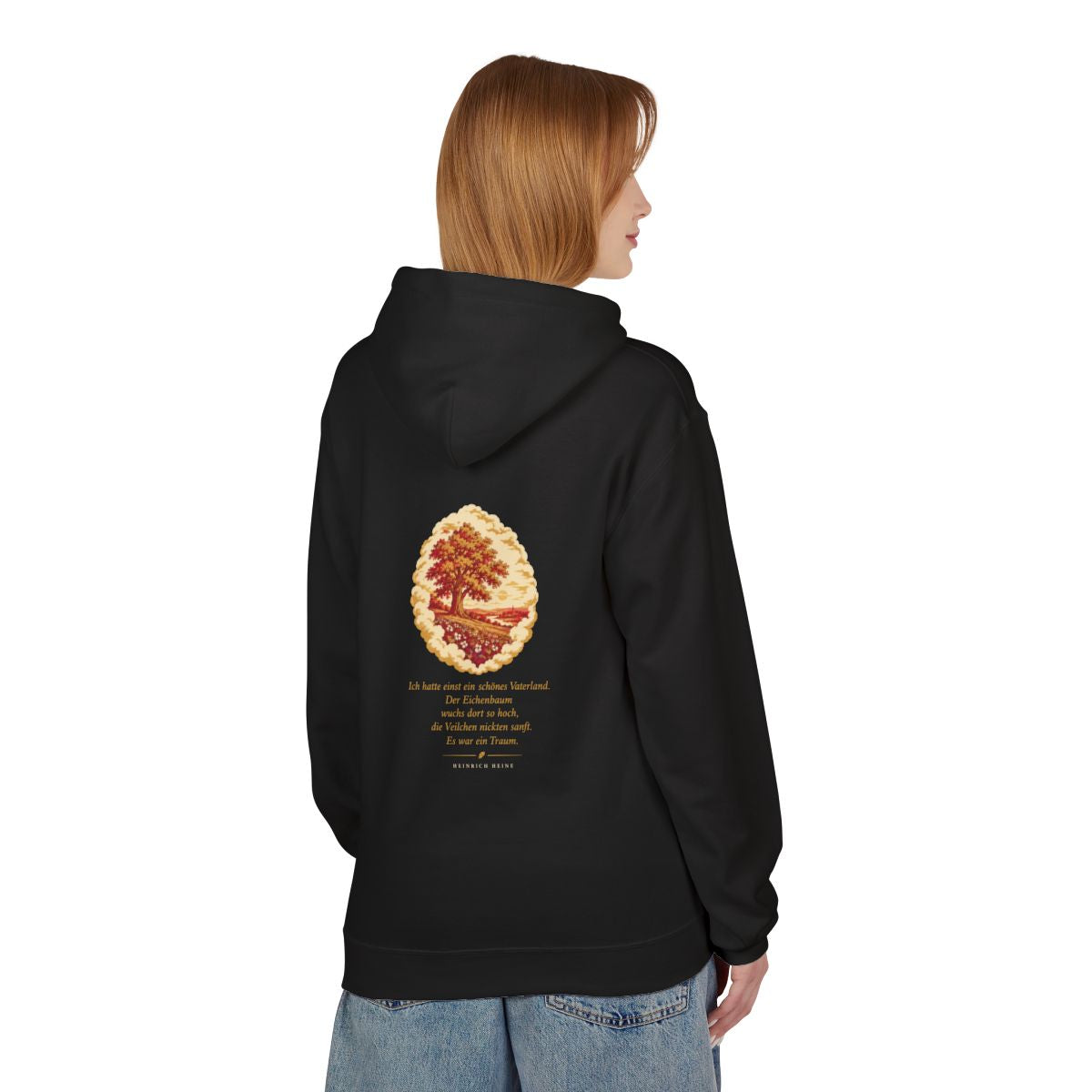 Unisex Fleece Hoodie mit Zitat - Heine - Schönes Vaterland Traum – person-1-back