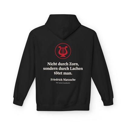 Unisex Fleece Hoodie mit Zitat - Nietzsche - Nicht durch Zorn Symbol – back