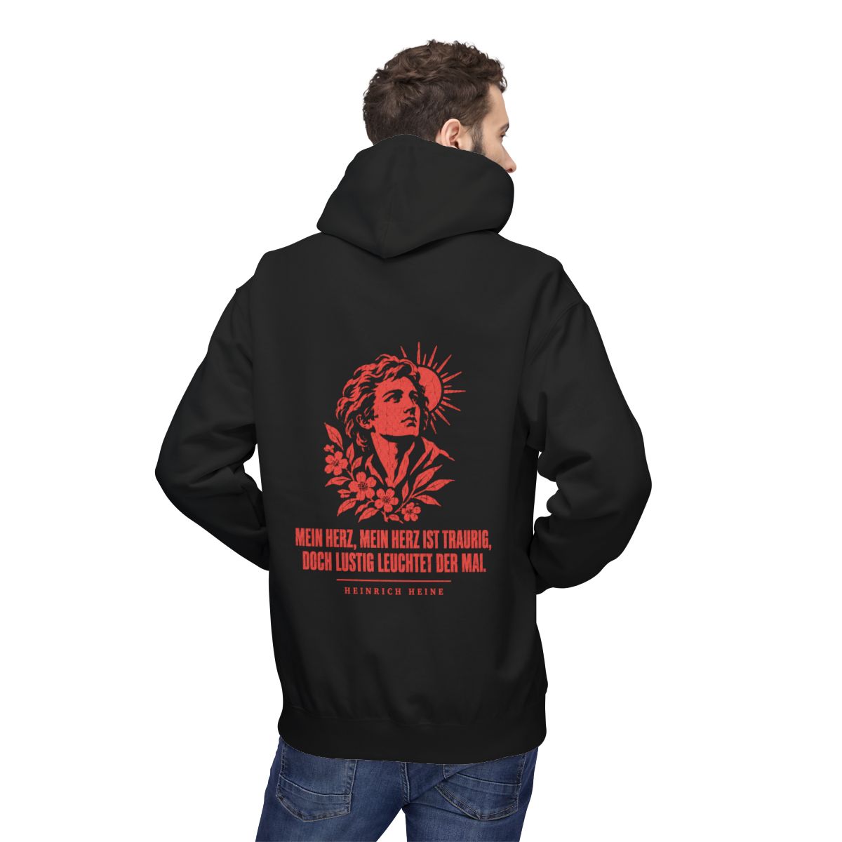Unisex Fleece Hoodie mit Zitat - Heine - Mein Herz, mein Herz ist traurig – person-2-back