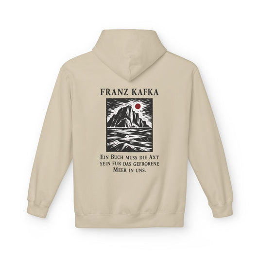 Unisex Fleece Hoodie mit Zitat - Kafka - Ein Buch muss die Axt Holzschnitt – back
