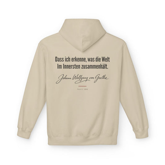 Unisex Fleece Hoodie mit Zitat - Goethe - Dass ich erkenne, was die Welt Signatur – back
