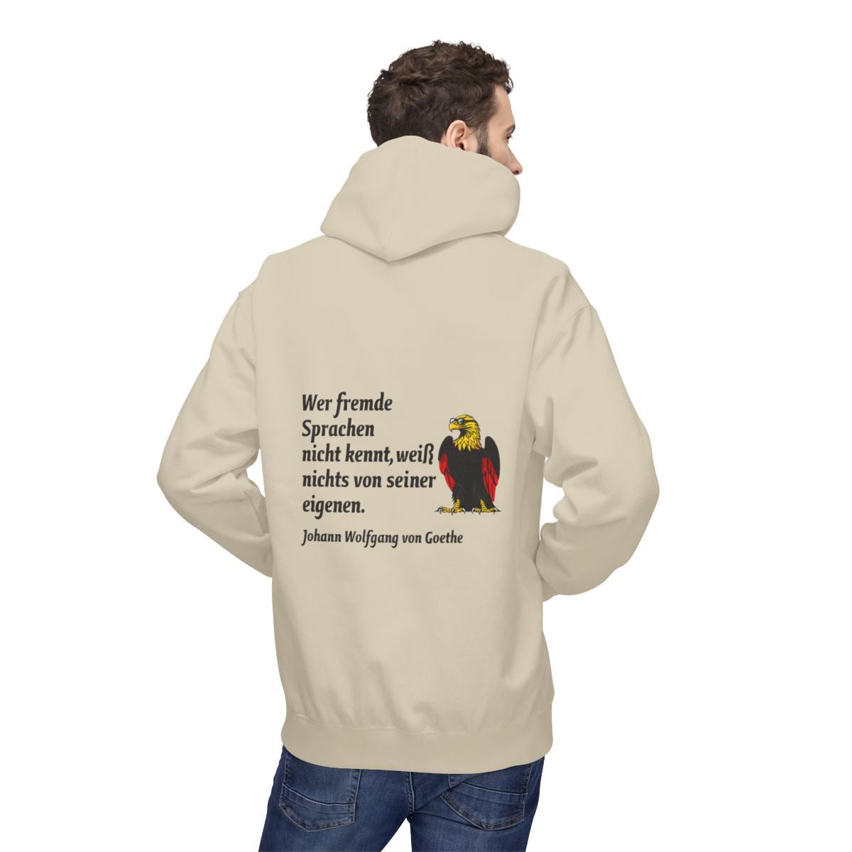 Unisex Fleece Hoodie mit Zitat - Goethe - Fremde Sprachen – person-2-back