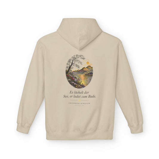 Unisex Fleece Hoodie mit Zitat - Schiller - Es lächelt der See – back