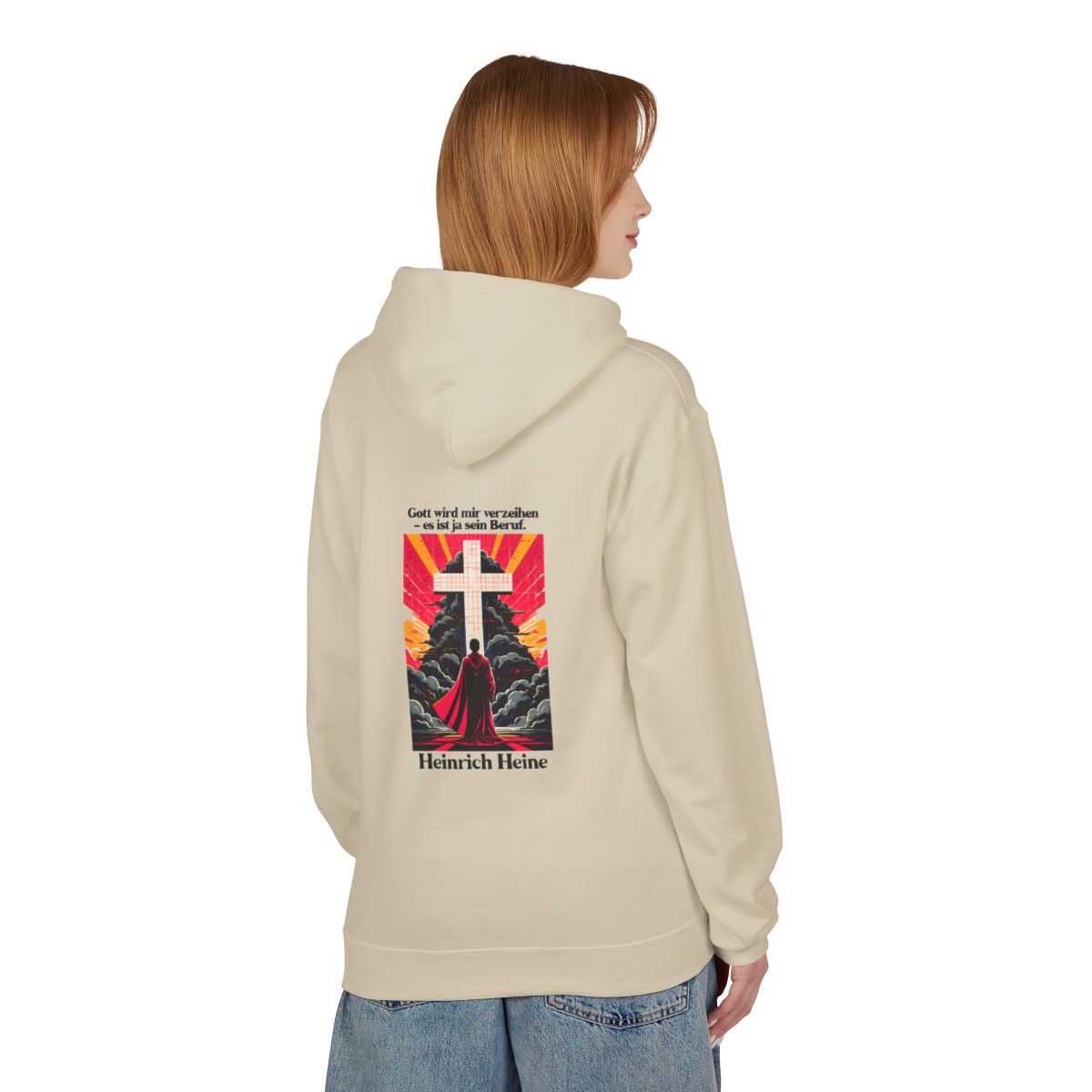 Unisex Fleece Hoodie mit Zitat - Heine - Gott wird mir verzeihen – person-1-back