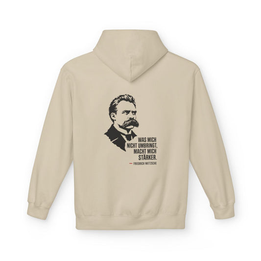 Unisex Fleece Hoodie mit Zitat - Friedrich Nietzsche - Was mich nicht umbringt – back
