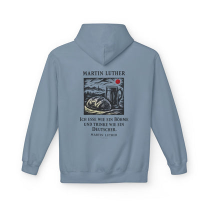 Unisex Fleece Hoodie mit Zitat - Luther - Ich esse wie ein Böhme Holzschnitt – back