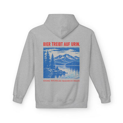 Unisex Fleece Hoodie mit Zitat - Hegel - Bier treibt auf Urin Plakat – back