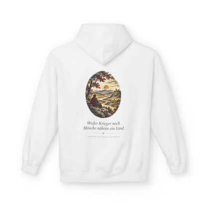 Unisex Fleece Hoodie mit Zitat - Herder - Weder Krieger noch Mönche nähren ein Land – back