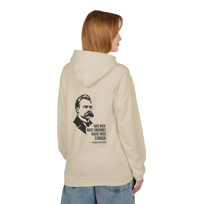 Unisex Fleece Hoodie mit Zitat - Friedrich Nietzsche - Was mich nicht umbringt – person-1-back
