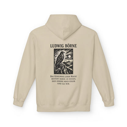 Unisex Fleece Hoodie mit Zitat - Börne - Das Geheimnis jeder Macht besteht Holzschnitt – back