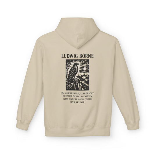 Unisex Fleece Hoodie mit Zitat - Börne - Das Geheimnis jeder Macht besteht Holzschnitt – back