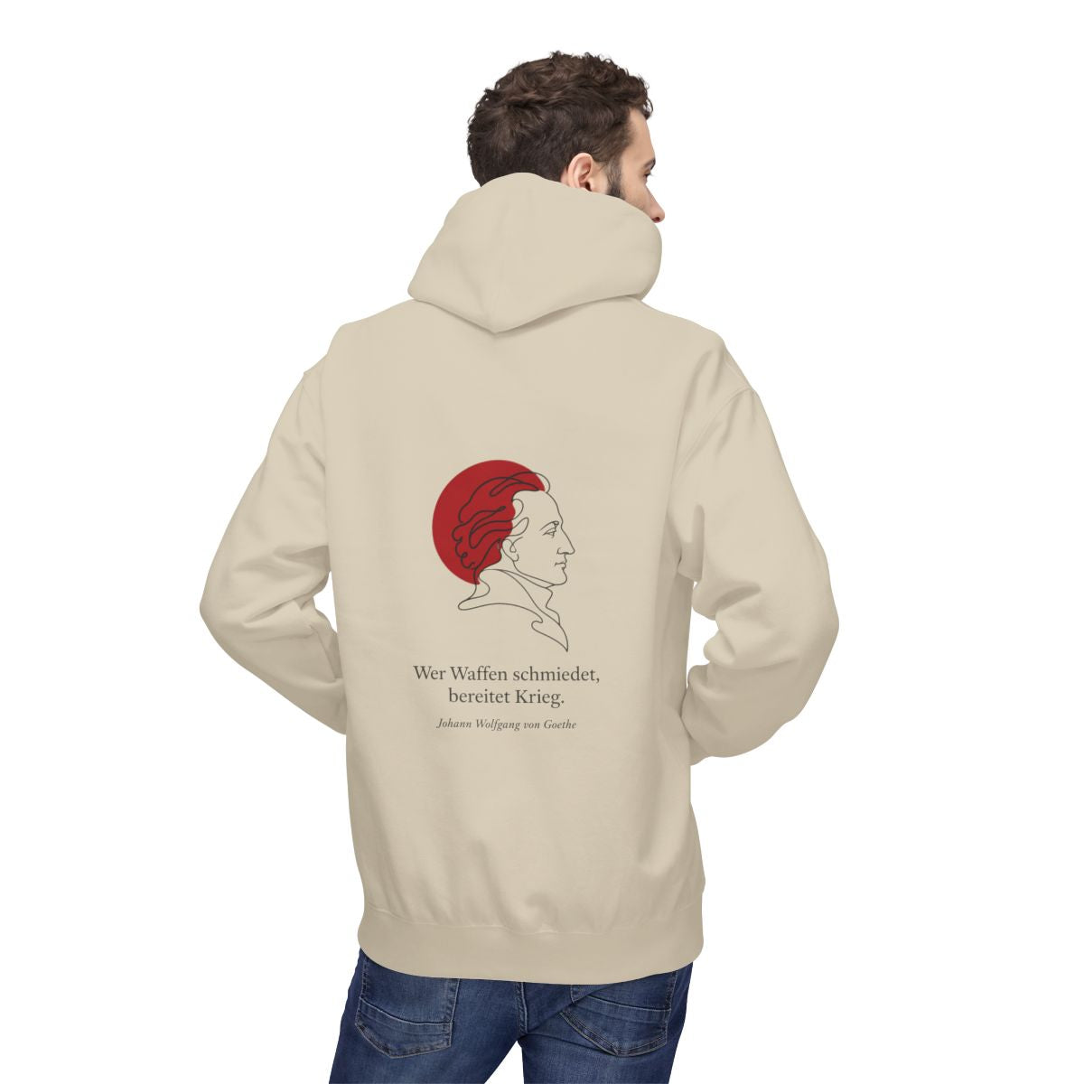Unisex Fleece Hoodie mit Zitat - Goethe - Wer Waffen schmiedet – person-2-back