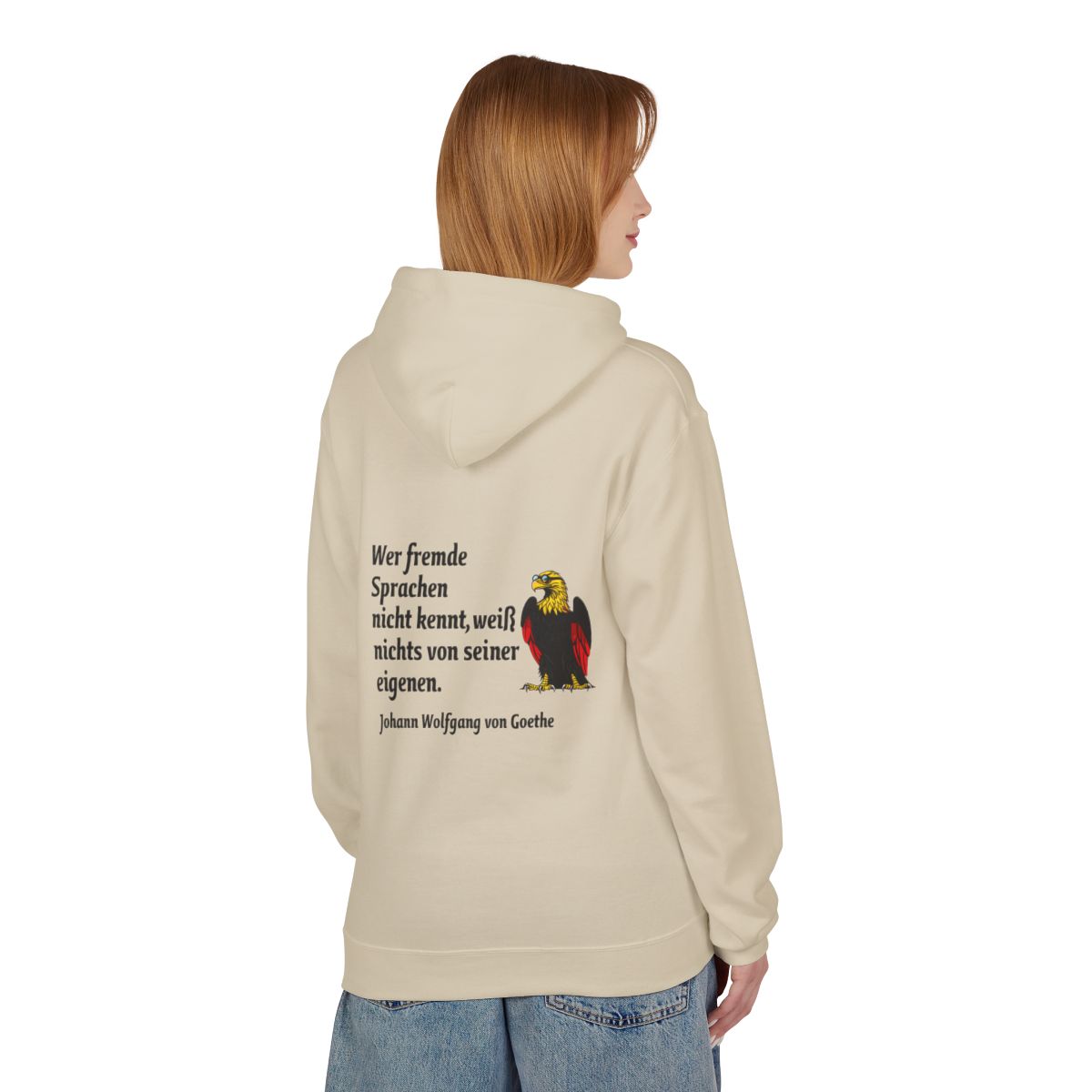 Unisex Fleece Hoodie mit Zitat - Goethe - Fremde Sprachen – person-1-back