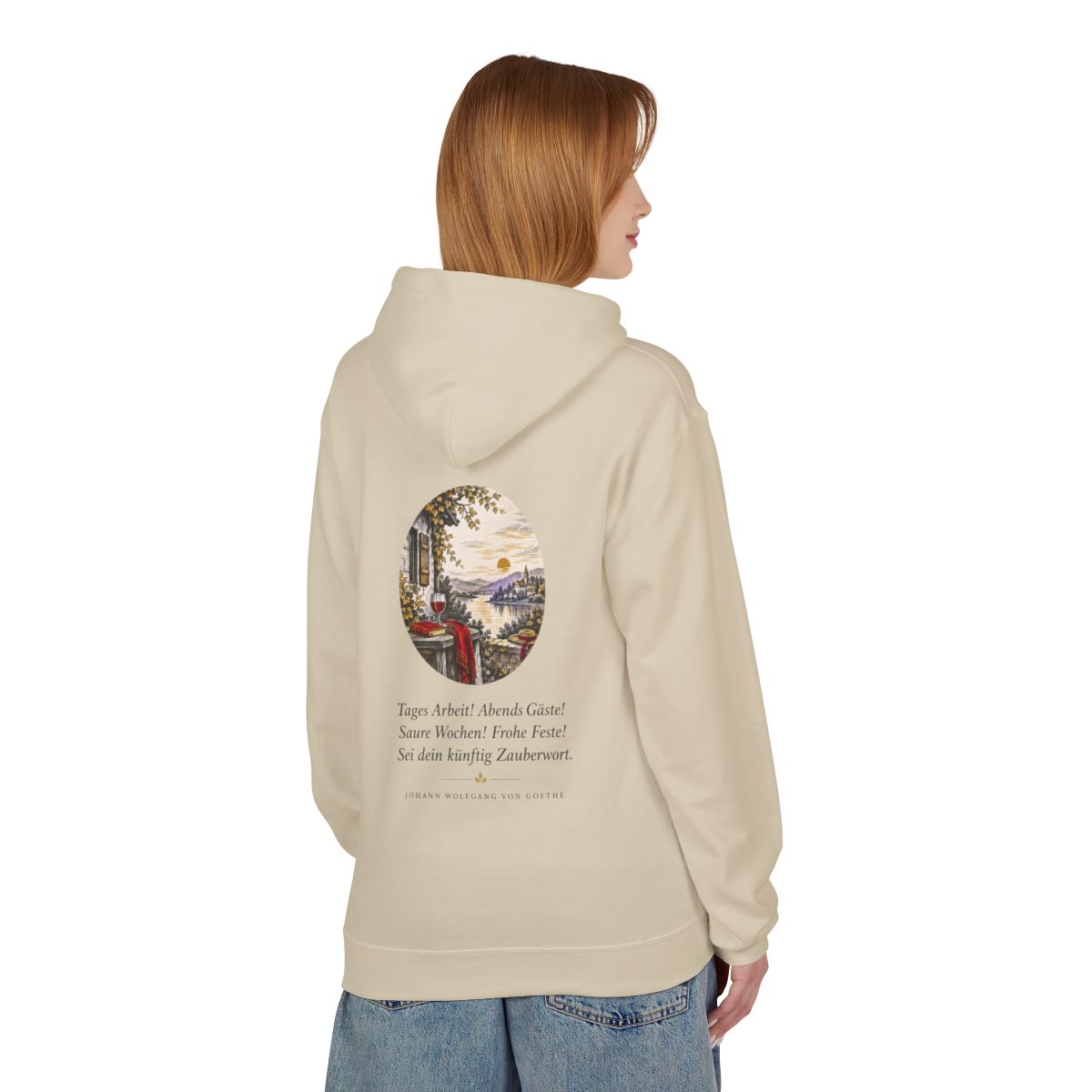 Unisex Fleece Hoodie mit Zitat - Goethe - Tages Arbeit – person-1-back