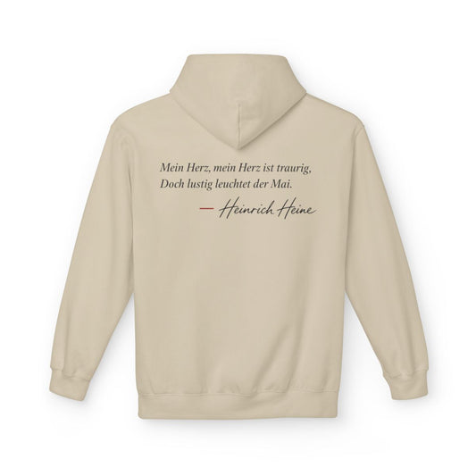 Unisex Fleece Hoodie mit Zitat - Heine - Mein Herz, mein Herz ist traurig Signatur – back